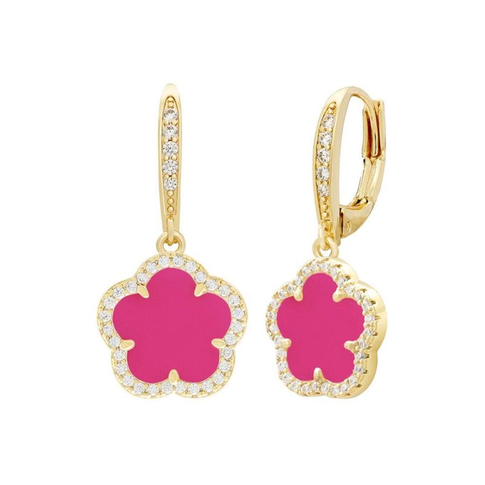 Jankuo Flower 14K Plated Synthetic Fuchsia Cz Leverback Earrings
